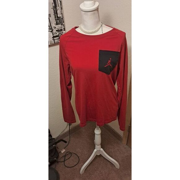 Nike Mens Air Jordan Red Long Sleeve Crew Neck Logo Pullover T Shirt Size Medium - Picture 1 of 4